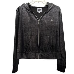 Juicy Couture Y2K Velour Hoodie Jacket Womens Size XL Black Silver Sparkly Soft
